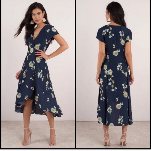 Floral Print High Low Dress V Neck Short Sleeve Casual Summer Dress - Picture 8 of 10